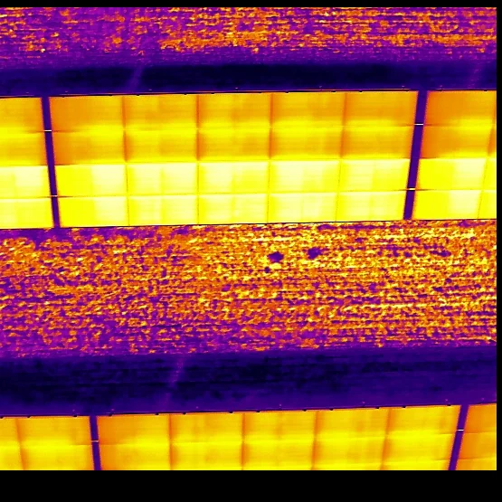 Termogram rzędów modułów fotowoltaicznych w podczerwieni